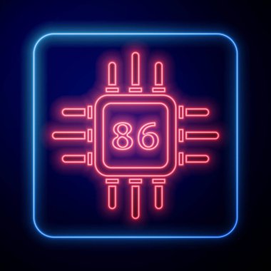 Mavi arkaplanda mikro devreli parlayan neon bilgisayar işlemci simgesi izole edildi. Devre kartlı çip ya da işlemci. Mikro işlemci. Vektör İllüstrasyonu