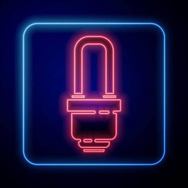 Parlayan neon ışıklı ampul simgesi mavi arkaplanda izole edildi. Ekonomik LED ışıklı ampul. Enerji lambasını sakla. Vektör İllüstrasyonu