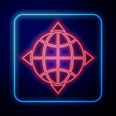 Mavi arkaplanda pusula simgesi olan parıldayan neon dünya küresi. Vektör İllüstrasyonu