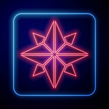 Parlayan neon rüzgarı ikonu mavi arkaplanda izole edildi. Seyahat için pusula simgesi. Navigasyon tasarımı. Vektör İllüstrasyonu