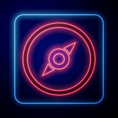 Parlayan neon pusula simgesi mavi arkaplanda izole edildi. Rüzgâr yön bulma sembolü. Rüzgar gül işareti. Vektör İllüstrasyonu