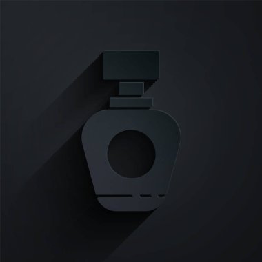 Kağıt kesiği, siyah arkaplanda izole edilmiş parfüm ikonu. Kağıt sanatı tarzı. Vektör İllüstrasyonu