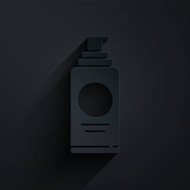 Saç spreyi için kağıt kesiği sprey kutusu, deodorant, siyah arka planda izole edilmiş terleme önleyici ikon. Kağıt sanatı tarzı. Vektör İllüstrasyonu