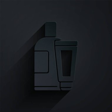 Kağıt kesiği kremi ya da losyon kozmetik tüp simgesi siyah arka planda izole edilmiş. Erkekler için vücut bakım ürünleri. Kağıt sanatı tarzı. Vektör İllüstrasyonu