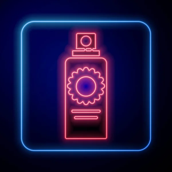 Gloeiende Neon Zonnebrandspray Fles Pictogram Geïsoleerd Blauwe Achtergrond Bescherming Van — Stockvector