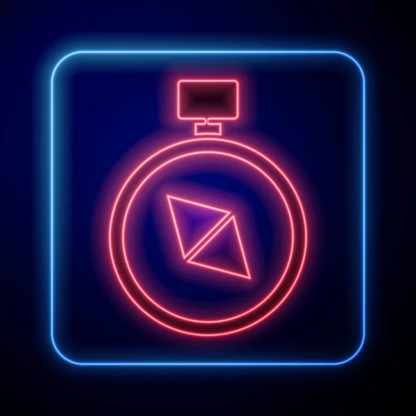Glödande Neon Kompass Ikon Isolerad Blå Bakgrund Windrose Navigeringssymbol Vindrosa — Stock vektor
