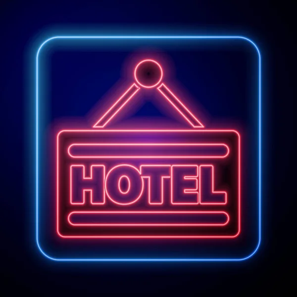 Glowing Neon Signboard Outdoor Advertising Text Hotel Icon Isolated Blue — Stock Vector