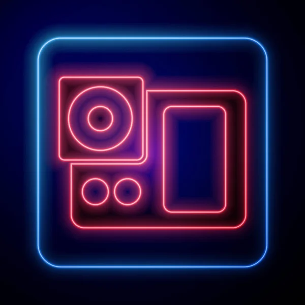 Gloeiende Neon Fotocamera Icoon Geïsoleerd Blauwe Achtergrond Foto Camera Icoon — Stockvector