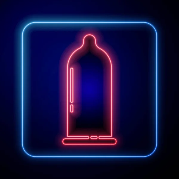 Condón Neón Brillante Icono Sexo Seguro Aislado Sobre Fondo Azul — Vector de stock