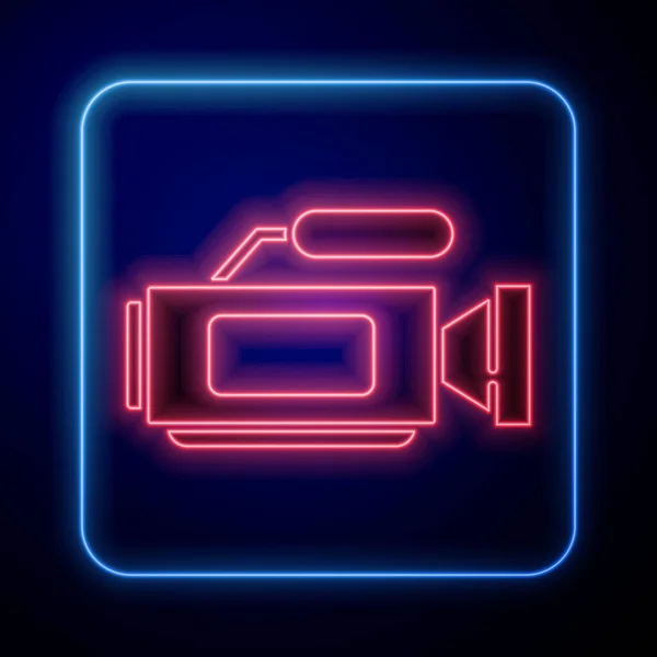 发光的霓虹灯相机图标孤立在蓝色的背景 摄像机 电影标志 电影放映机病媒图解 — 图库矢量图片