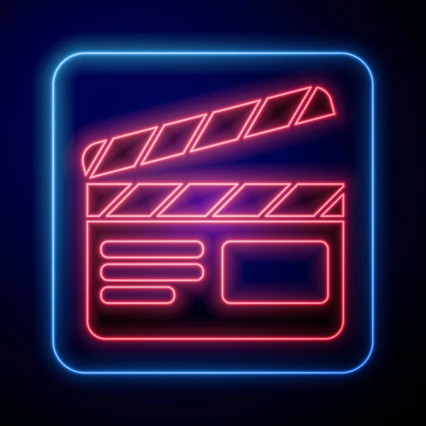 Leuchtendes Neonfarbenes Klappsymbol Auf Blauem Hintergrund Filmklappbrett Klappschild Kinoproduktion Oder — Stockvektor