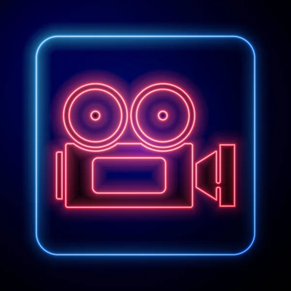 Glödande Neon Cinema Kamera Ikon Isolerad Blå Bakgrund Videokamera Filmtecken — Stock vektor