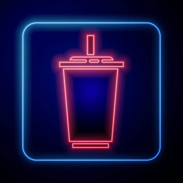 Gloeiend Neon Papier Glas Met Drinkstro Water Pictogram Geïsoleerd Blauwe — Stockvector