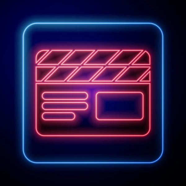 Strălucitoare Pictograma Clapper Film Neon Izolat Fundal Albastru Placa Clapper — Vector de stoc