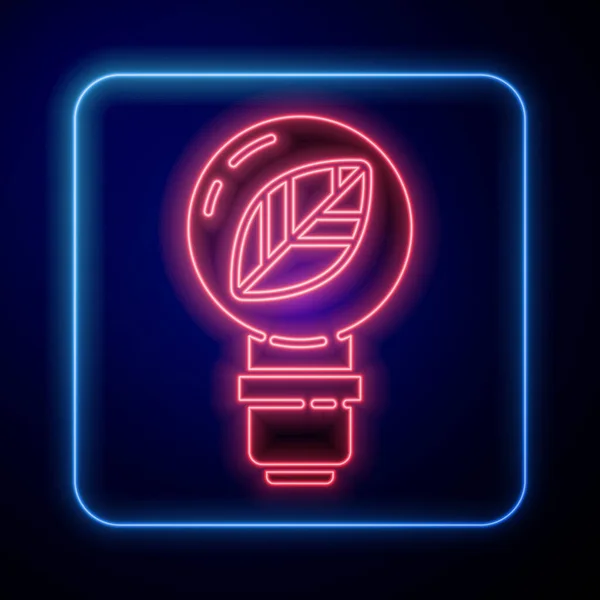 Gloeiende Neon Lamp Met Blad Pictogram Geïsoleerd Blauwe Achtergrond Eco — Stockvector