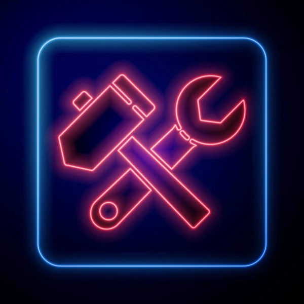Glowing Neon Crossed Hammer Wrench Spanner Icon Isolated Blue Background — Stock Vector