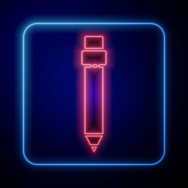 Crayon Néon Lumineux Avec Icône Gomme Isolée Sur Fond Bleu — Image vectorielle