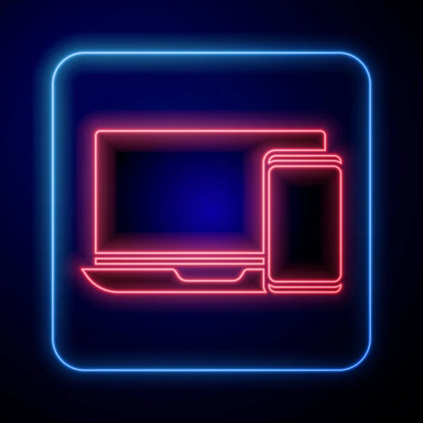 Glowing Neon Computer Monitor Mobile Phone Icon Isolated Blue Background — Stock Vector