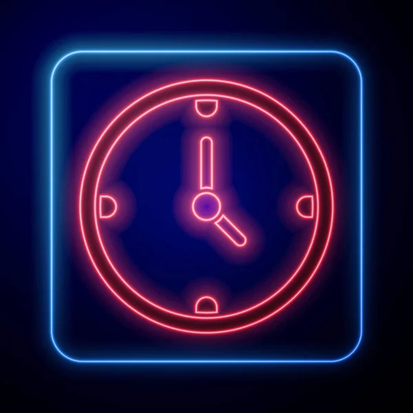 青の背景に孤立したネオン時計のアイコンを光る 時間の象徴だ ベクターイラスト — ストックベクタ