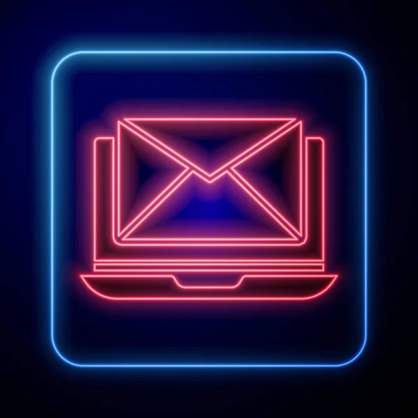 Ragyogó Neon Laptop Borítékkal Nyitott Mail Képernyőn Ikon Elszigetelt Kék — Stock Vector