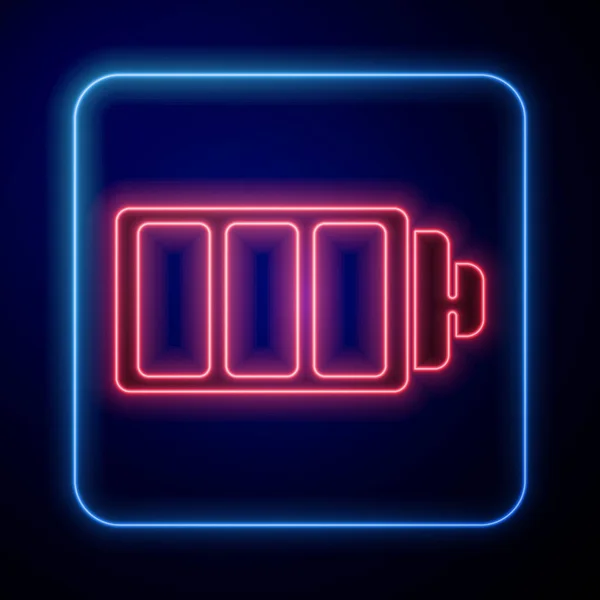 Gloeiende Neon Batterij Laadniveau Indicator Pictogram Geïsoleerd Blauwe Achtergrond Vector — Stockvector