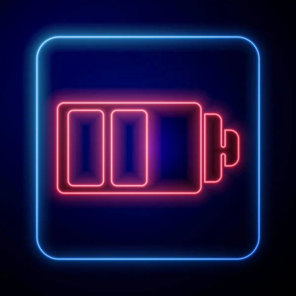 Glowing Neon Battery Charge Level Indicator Icon Isolated Blue Background — Stock Vector