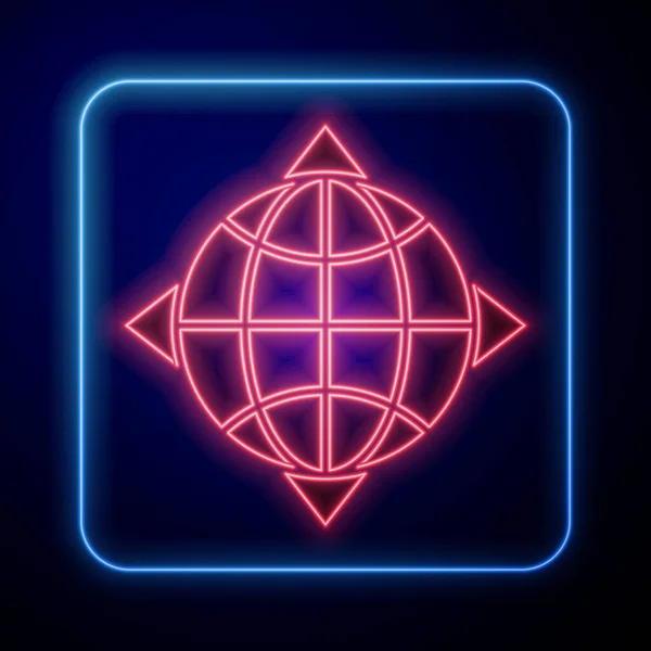 Ragyogó Neon Világ Gömb Iránytű Ikon Elszigetelt Kék Háttérrel Vektorillusztráció — Stock Vector