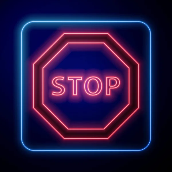 Icona Luminosa Neon Stop Segno Isolato Sfondo Blu Simbolo Stop — Vettoriale Stock
