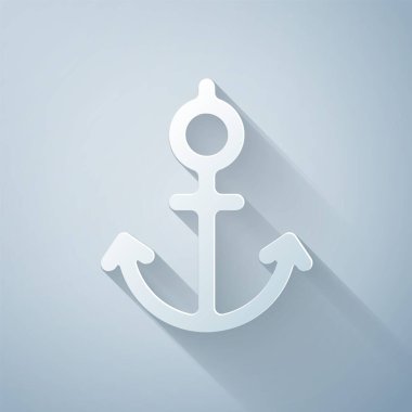 Kağıt kesiği Anchor simgesi gri arkaplanda izole edildi. Kağıt sanatı tarzı. Vektör İllüstrasyonu