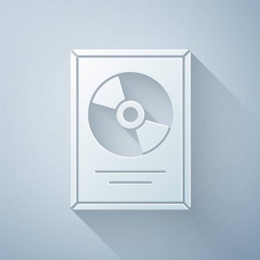 Kağıt kesme CD disk ödülü gri arkaplanda izole edilmiş çerçeve simgesi. Modern tören. En çok satan. Müzik kupası. Kağıt sanatı tarzı. Vektör İllüstrasyonu
