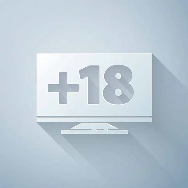 Corte de papel Monitor de computador com 18 plus ícone de conteúdo isolado em fundo cinza. Símbolo de restrição de idade. Sinal de conteúdo sexual. Canal adulto. Estilo de arte de papel. Ilustração vetorial — Vetor de Stock