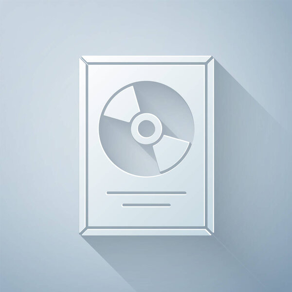 Бумага вырезать CD диск награды в рамке значок изолирован на сером фоне. Современная церемония. Бестселлер. Музыкальный кубок. Бумажный стиль. Векторная миграция

