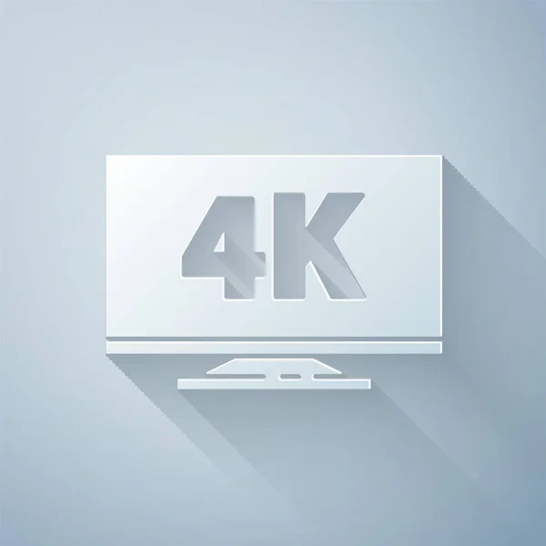 Papírvágás Képernyő TV 4k Ultra HD videó technológia ikon elszigetelt szürke háttérrel. Papírművészeti stílus. Vektorillusztráció — Stock Vector