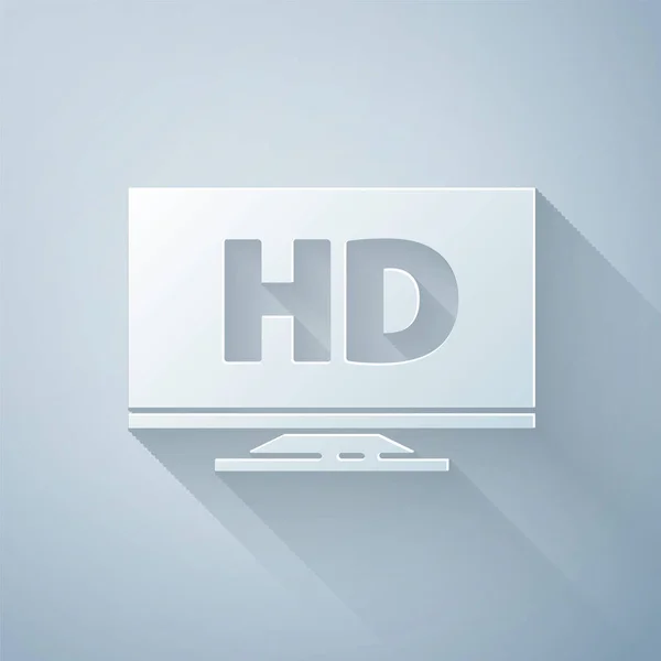 Řez papíru Inteligentní displej s ikonou HD video technologie izolovaný na šedém pozadí. Papírový styl. Vektorová ilustrace — Stockový vektor