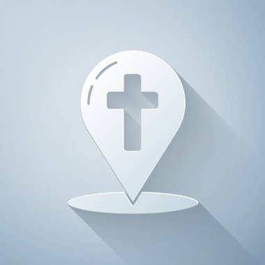 Kağıt kesikli harita işaretçisi ve gri arkaplanda Hristiyan haç simgesi var. Kağıt sanatı tarzı. Vektör İllüstrasyonu