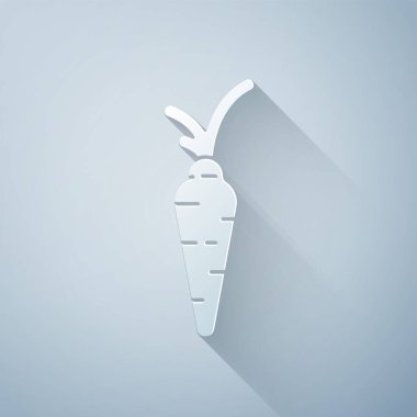 Kağıt kesiği, gri arkaplanda izole edilmiş havuç simgesi. Mutlu Paskalyalar. Kağıt sanatı tarzı. Vektör İllüstrasyonu