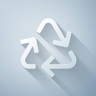 Kağıt kesim Gri arka planda yalıtılmış geri dönüşüm simgesi. Dairesel ok simgesi. Çevre geri dönüştürülebilir yeşil gidin. Kağıt sanat tarzı. Vektör İllüstrasyonu