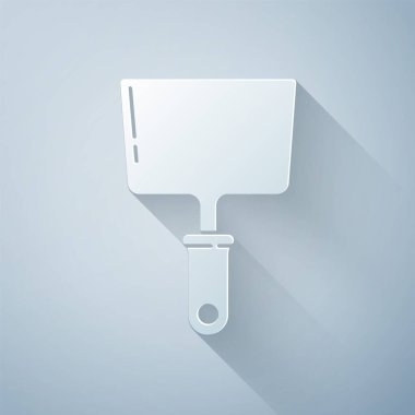 Kağıt kesiği, gri arkaplanda izole edilmiş macun bıçağı ikonu. Spatula tamir aleti. Yağma ya da boya aletleri. Kağıt sanatı tarzı. Vektör İllüstrasyonu