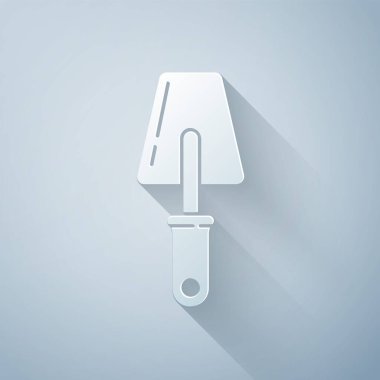 Kağıt kesiği Trowel simgesi gri arkaplanda izole edildi. Kağıt sanatı tarzı. Vektör İllüstrasyonu