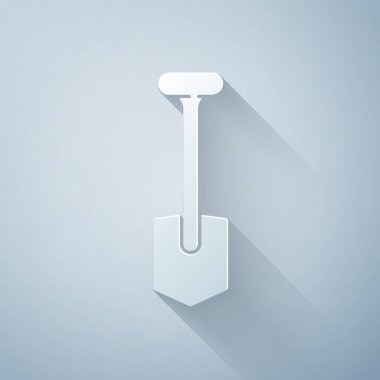 Kağıt kesiği, gri arkaplanda izole edilmiş Kürek simgesi. Bahçe aletleri. Bahçecilik, tarım, çiftçilik aleti. Kağıt sanatı tarzı. Vektör İllüstrasyonu