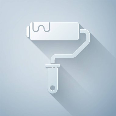 Kağıt kesiği boya fırçası simgesi gri arkaplanda izole edildi. Kağıt sanatı tarzı. Vektör İllüstrasyonu