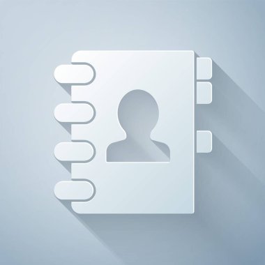 Kağıt kesiği adres defteri simgesi gri arkaplanda izole edilmiş. Not defteri, adres, bağlantı, rehber, telefon, telefon rehberi simgesi. Kağıt sanatı tarzı. Vektör İllüstrasyonu