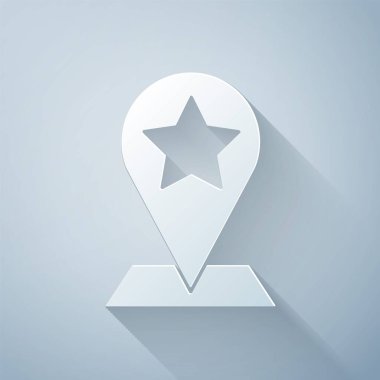 Kağıt kesme Harita işaretçisi, gri arka planda yalıtılmış yıldız simgesiyle. Yıldız favori pin harita simgesi. Harita işaretleri. Kağıt sanat tarzı. Vektör İllüstrasyonu