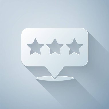 Kağıt kesme Harita işaretçisi, gri arka planda yalıtılmış yıldız simgesiyle. Yıldız favori pin harita simgesi. Harita işaretleri. Kağıt sanat tarzı. Vektör İllüstrasyonu