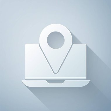 Gri arkaplanda konum imleci simgesi olan kağıt kesimi Laptop. Kağıt sanatı tarzı. Vektör İllüstrasyonu