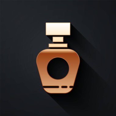 Siyah arkaplanda izole edilmiş altın parfüm ikonu. Uzun gölge tarzı. Vektör İllüstrasyonu