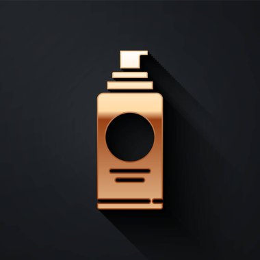 Saç spreyi için altın sprey kutusu, deodorant, siyah arka planda izole edilmiş terleme önleyici ikon. Uzun gölge tarzı. Vektör İllüstrasyonu