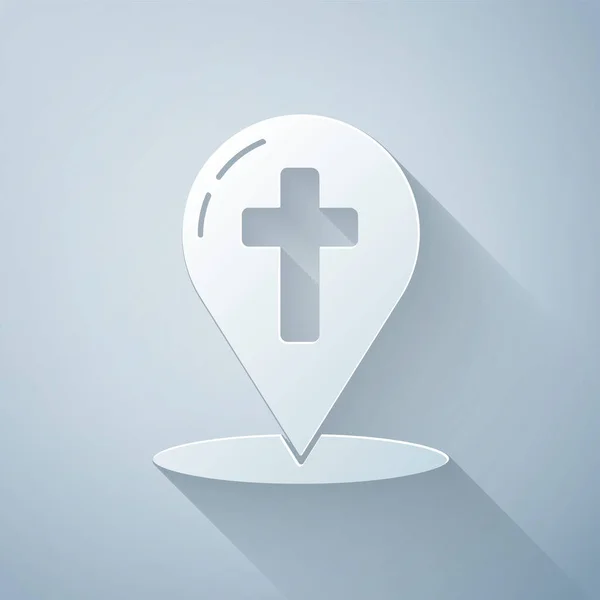 Papel cortado Mapa ponteiro com ícone de cruz cristã isolado no fundo cinza. Estilo de arte de papel. Ilustração vetorial — Vetor de Stock
