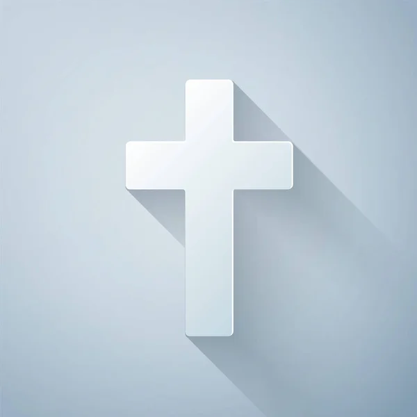 Papier gesneden christelijk kruis pictogram geïsoleerd op grijze achtergrond. Kerkkruis. Papierkunst stijl. Vector Illustratie — Stockvector