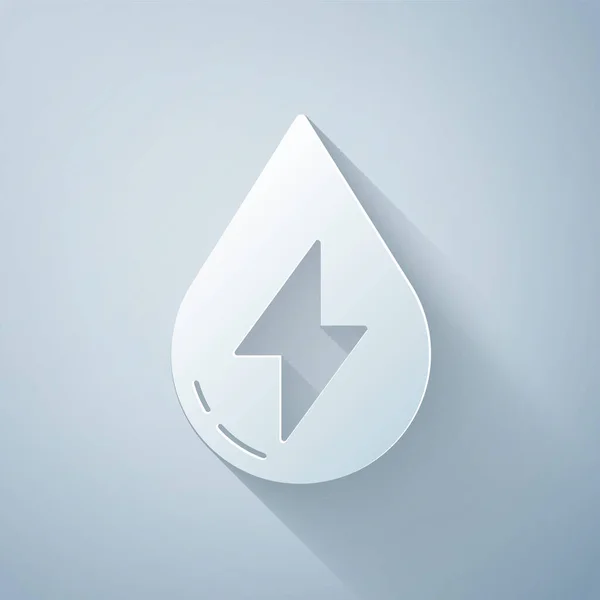 Corte de papel Icono de energía de agua aislado sobre fondo gris. Concepto ecológico con gotita de agua. Concepto de energía alternativa. Estilo de arte de papel. Ilustración vectorial — Vector de stock